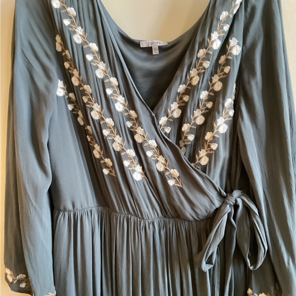 Jodifl Teal Embroidered Wrap Long Gown Dress Misses size L - Picture 8 of 9